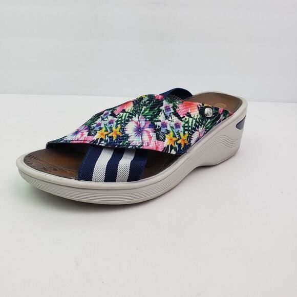 Bzees Desire Womens Size 6.5 Gray Blue Floral Slip On Wedge Slide Sandals - Picture 2 of 11